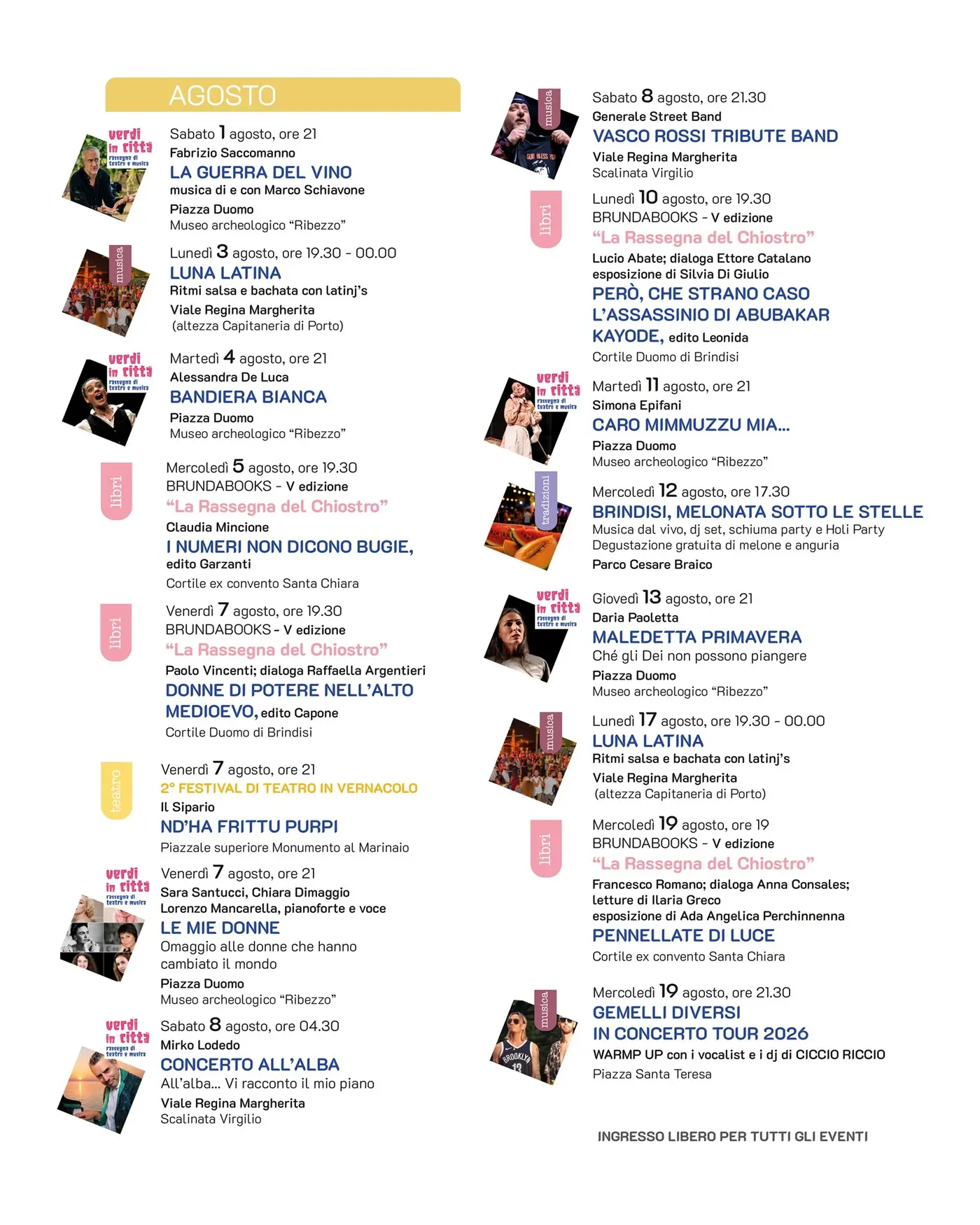 Calendario eventi Brindisi agosto 2026 prima parte