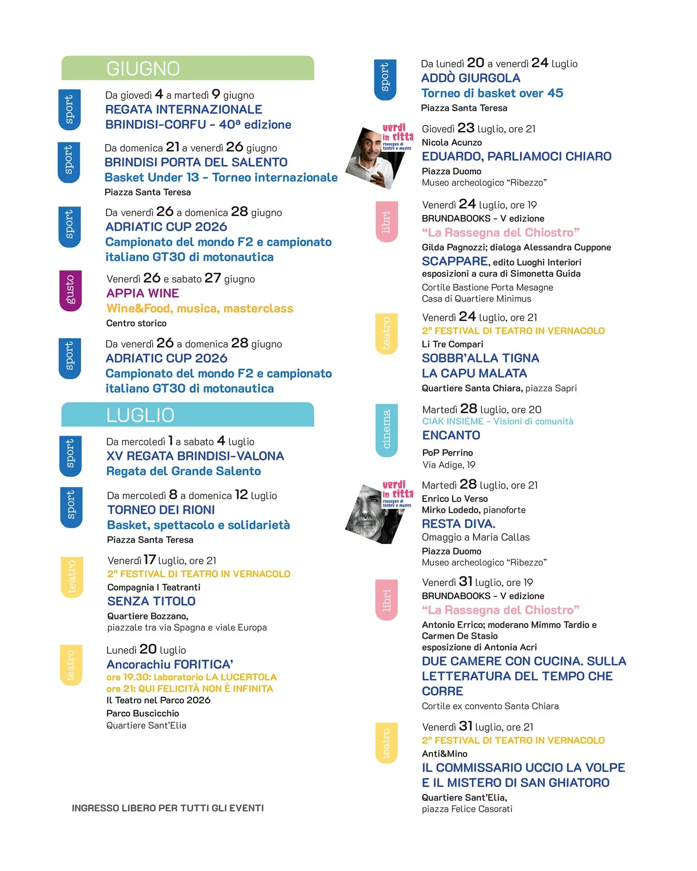 Calendario Meridiani d'Estate Brindisi 2026 luglio