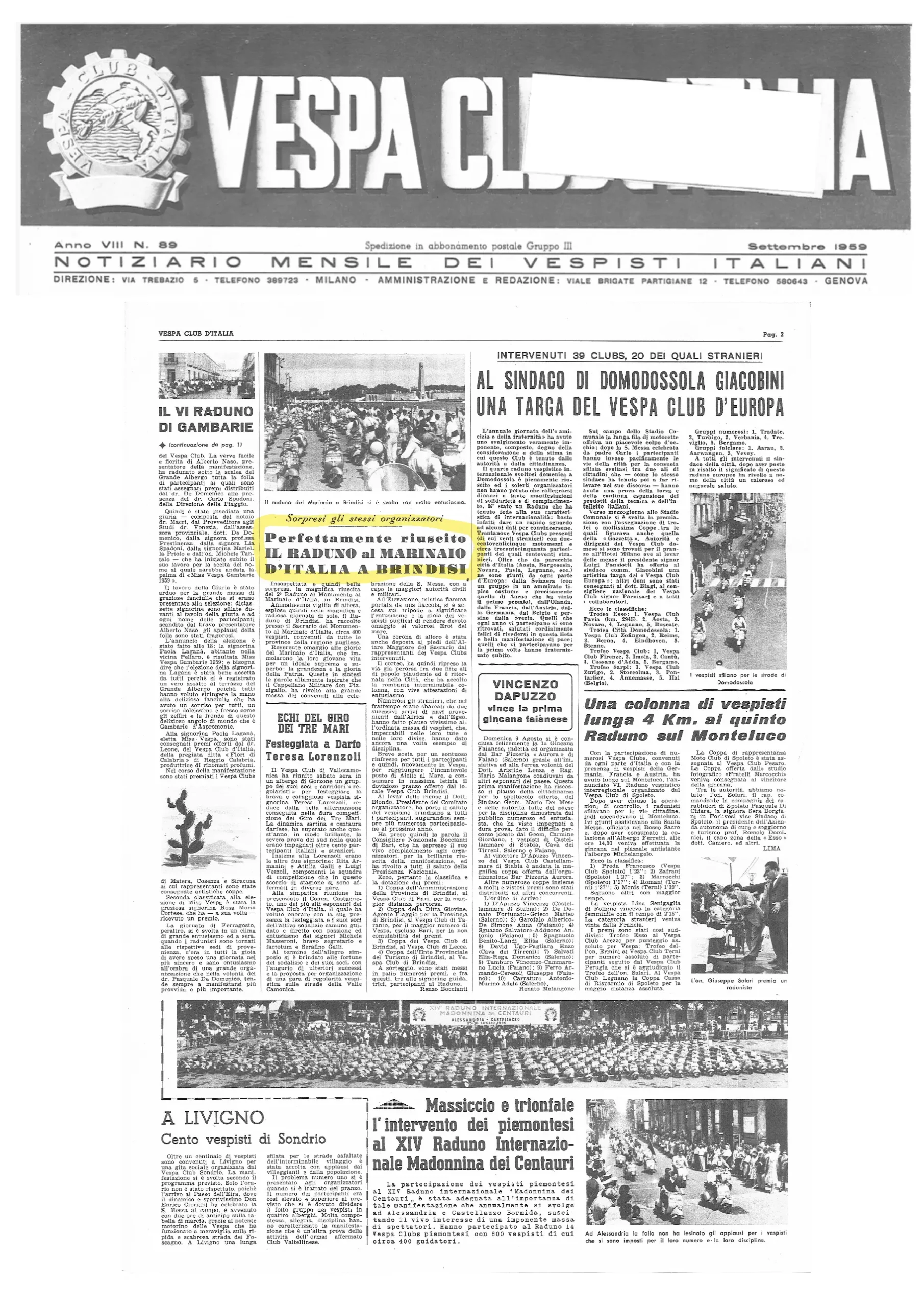 Articolo di giornale Vespa Club Brindisi 1959