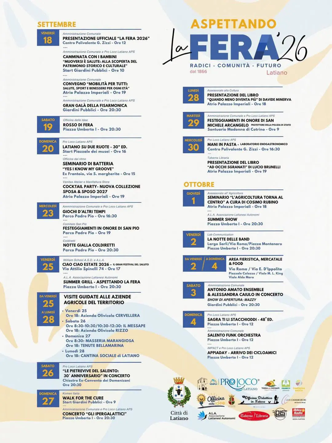 La Fera di Latiano 2026 programma completo settembre ottobre