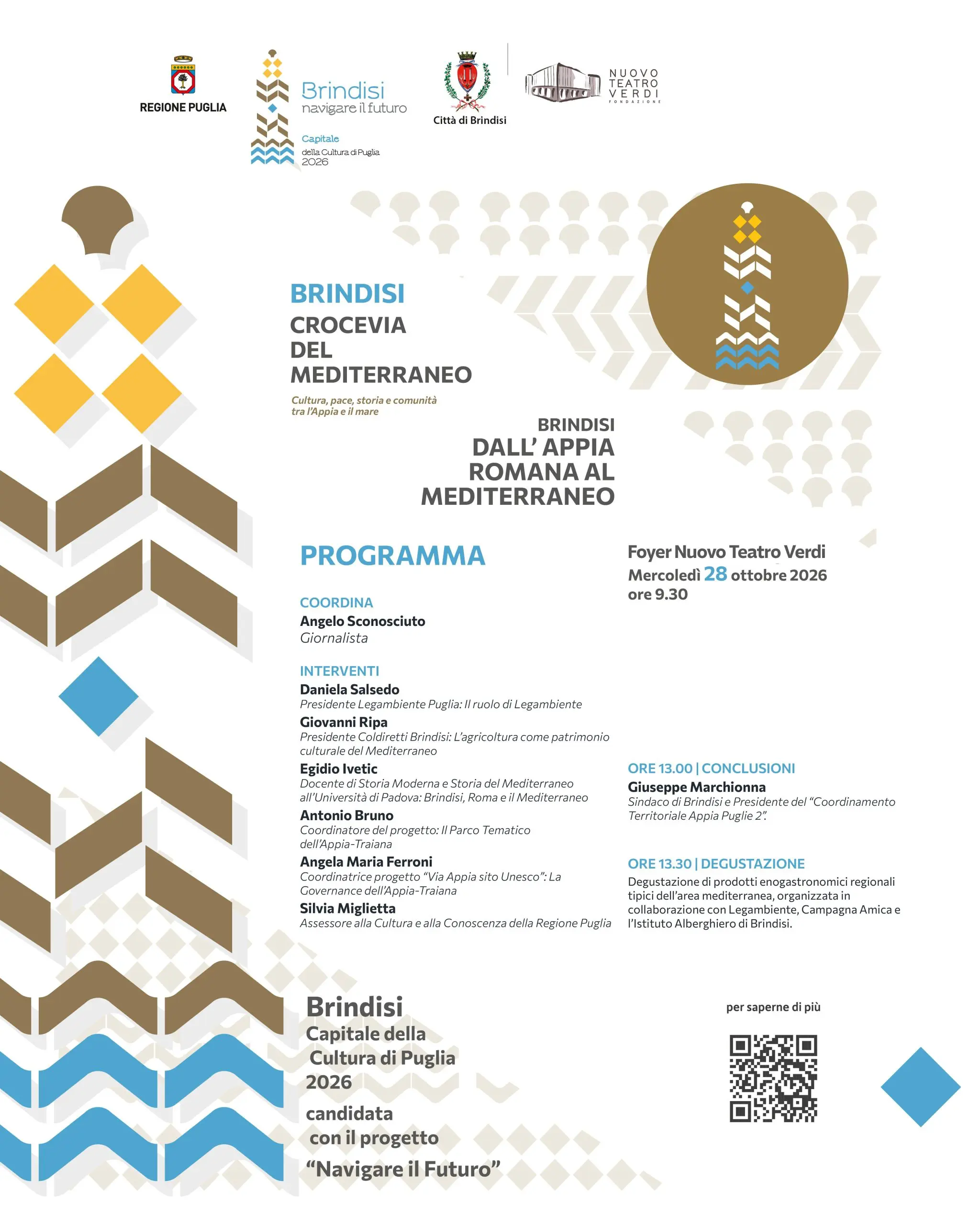 Locandina convegno Brindisi dall'Appia romana al Mediterraneo Nuovo Teatro Verdi 28 ottobre 2026