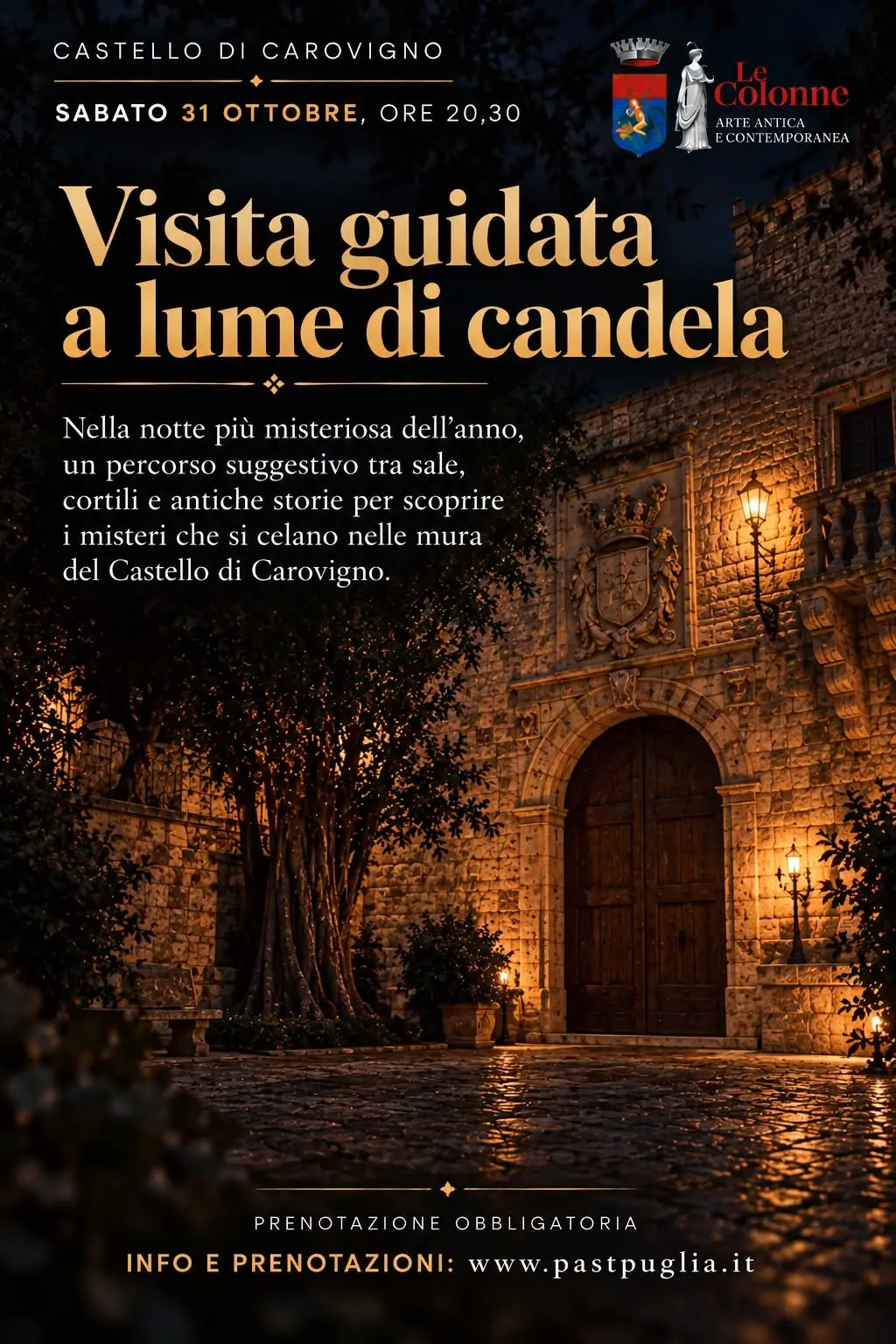 Locandina visita guidata a lume di candela Castello di Carovigno 31 ottobre 2026